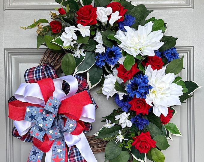 Patriotic Floral Wreath: Red White Blue 4th of July Decor