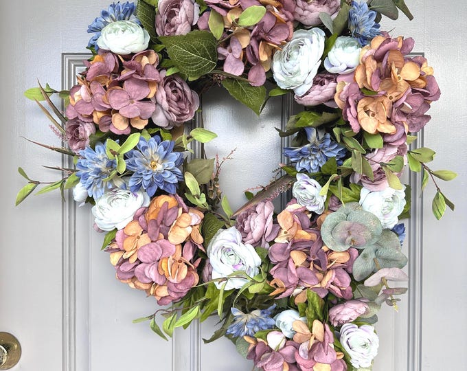 Fall Floral Cascading Wreath: Mauve Hydrangea, Blue Dahlia, Shabby Chic Decor