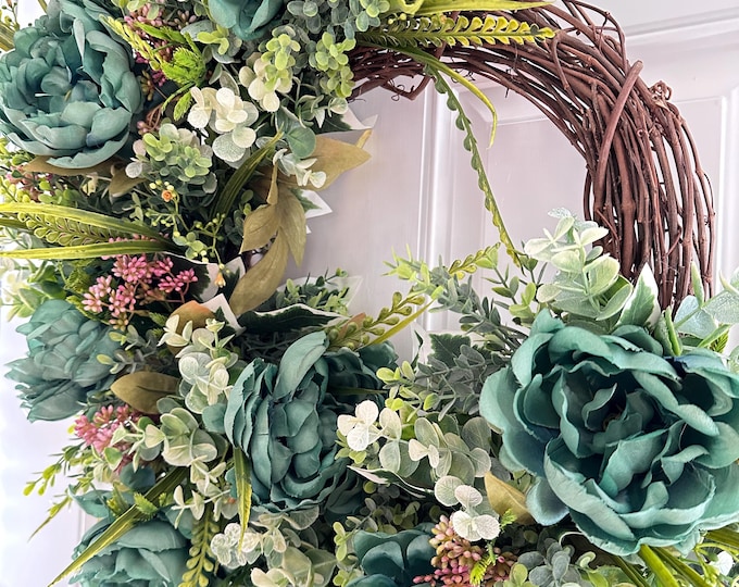 Teal Turquoise Peony Wreath: Boho Farmhouse Rustic Floral Door Decor
