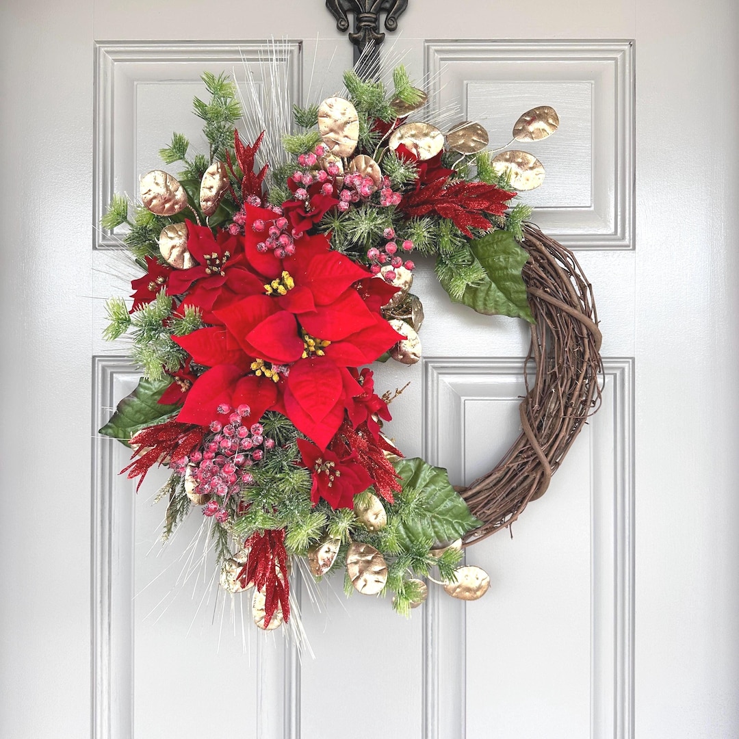 Christmas Wreath With Red Poinsettia, Gold Accents, and Winter Greens ...