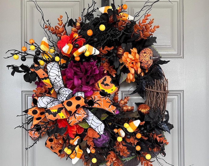 Halloween Wreath with Candy Corn & Bats: Family Friendly Front Door Decor