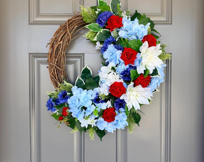 USA Red White Blue Patriotic Flower Wreath double door