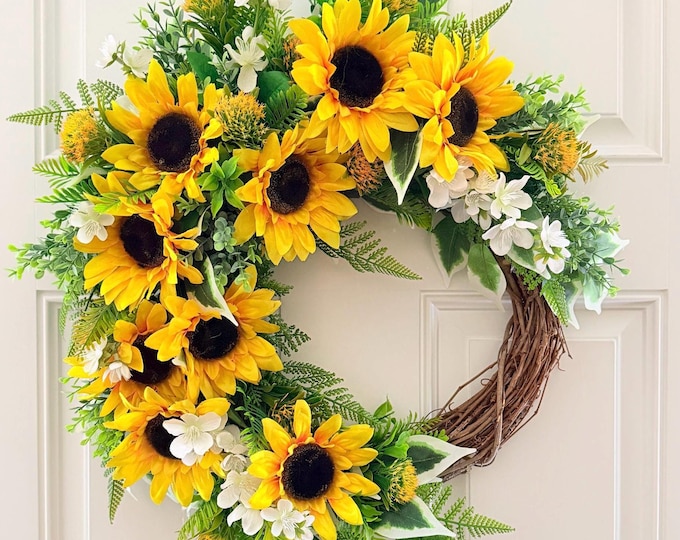 Yellow Sunflower Wreath: Modern Country Farmhouse Front Door Decor