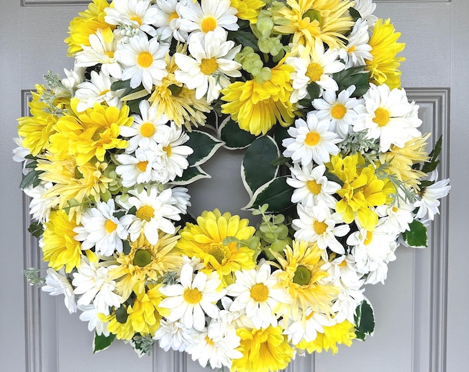 Daisy Wreath: Spring Summer Yellow & White Floral Door Decor
