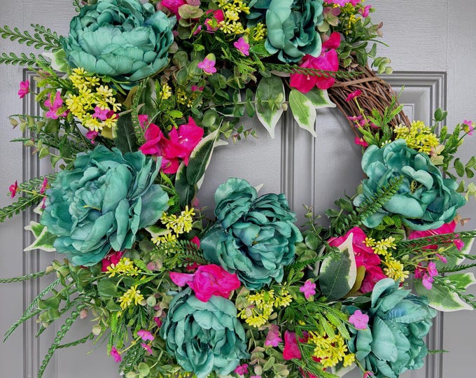 Teal Turquoise Peony Wreath: Boho Farmhouse Rustic Floral Door Decor