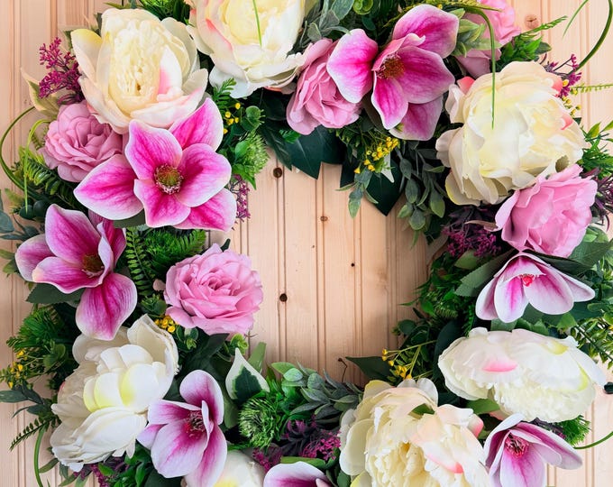 Large Pink Magnolia & Cream White Peony Wreath Year-Round Garden Style Home Decor