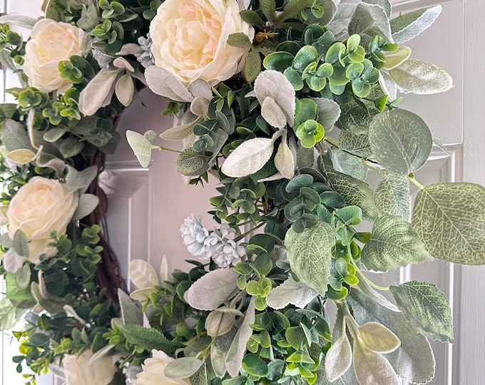 Rose & Greenery Wreath: Ivory Cabbage Roses, Lambs Ear, Eucalyptus
