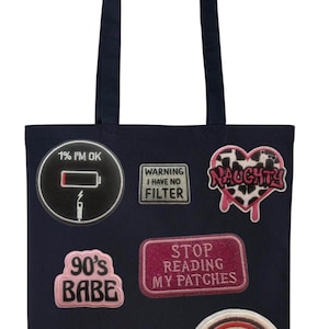 Bolso tote con parche de eslogan personalizado / Bolso tote personalizado hecho a mano con parche / Bolso tote llamativo / Bolso personalizado adornado