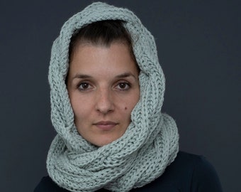 Hand knit infinity scarf,Hand knit snood,Gray-mint vegan scarf,Unisex scarf