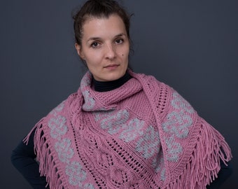 Hand Knit Asymmetric Wool Shawl with Fringes: Blush Pink-Gray Wrap