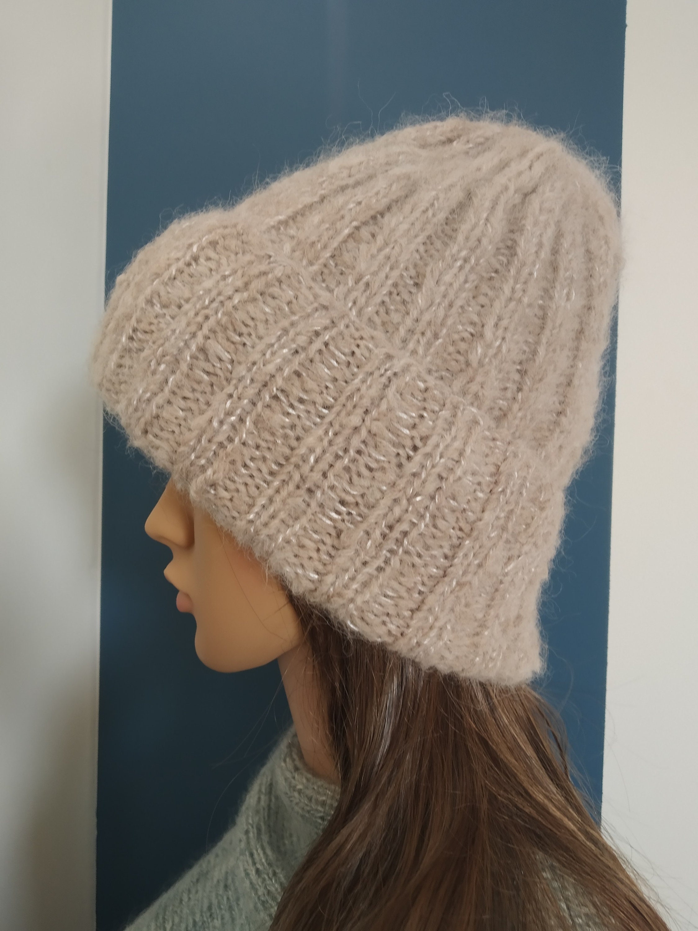 Hand Knit Chunky Alpaca Beanie: Beige Metallic Fluffy Hat - Etsy display picture 1