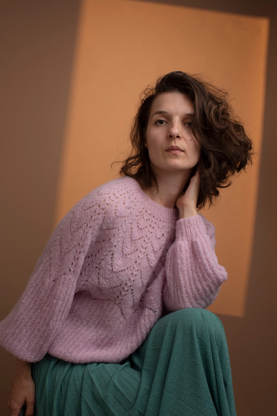 Women Knitted Lace Sweater Alpakasilk Sweater Hand Knit Alpaka Sweater