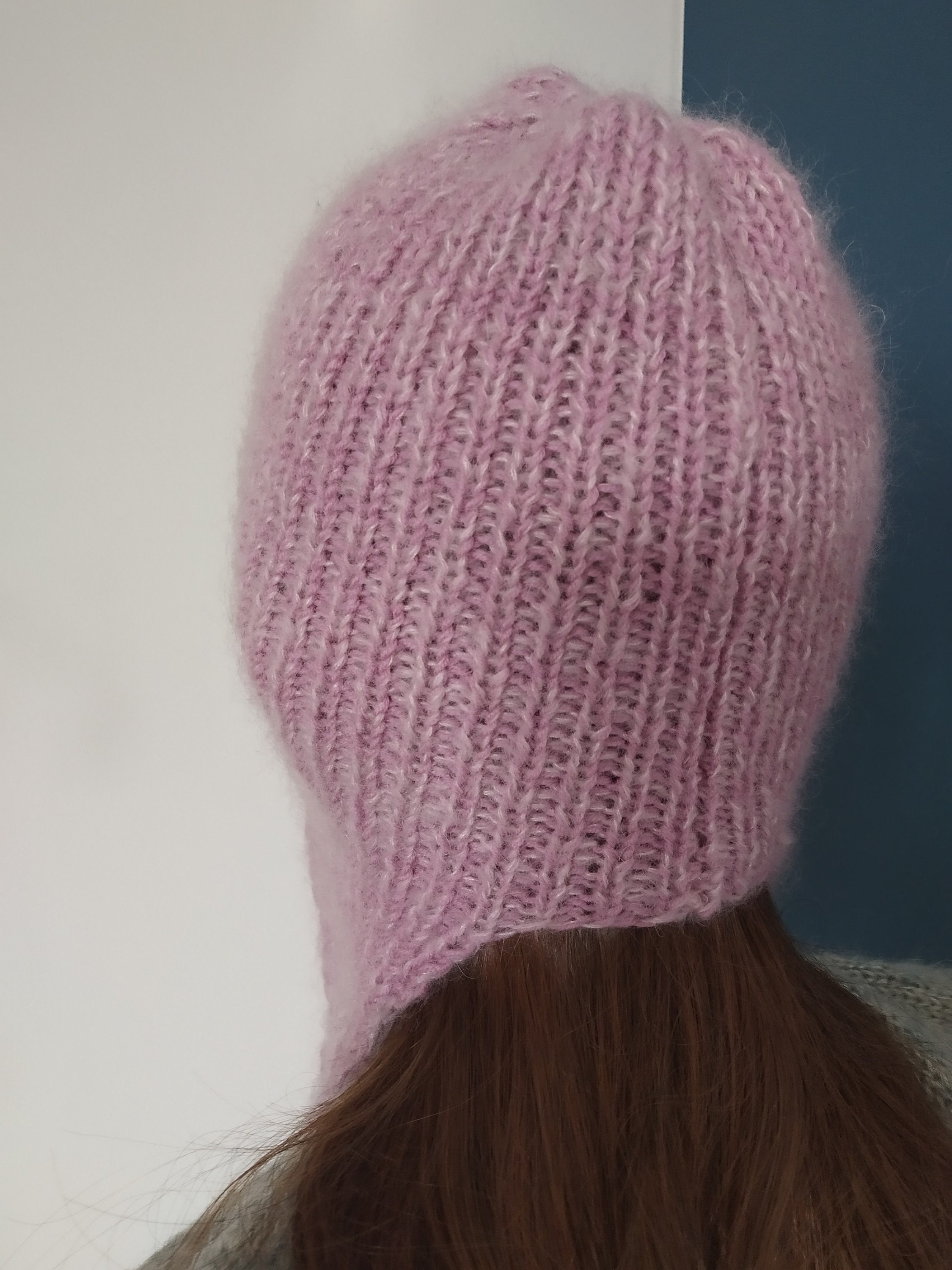 Hand Knit Mohair Earflap Hat: Pink Merino Wool Blend - Etsy display picture 3
