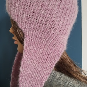 Mohair hat Earflap mohair hat Hand knit hat Pink hat