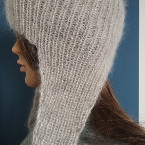 Mohair hat Earflap mohair hat Hand knit hat Pearl gray hat