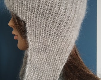 Mohair hat Earflap mohair hat Hand knit hat Pearl gray hat