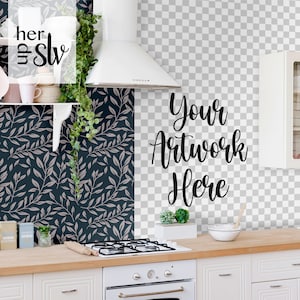 Könnte beinhalten: Eine weiße Küche mit weißen Schränken, einem weißen Herd und einer schwarz-weißen Blumen-Tapete. Der Text "Your Artwork Here" steht an der Wand.