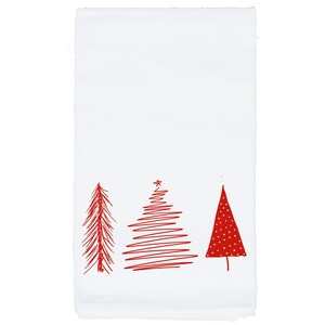 May include: White kitchen towel with three red Christmas trees. The trees are stylized and drawn with lines. One tree has red polka dots.