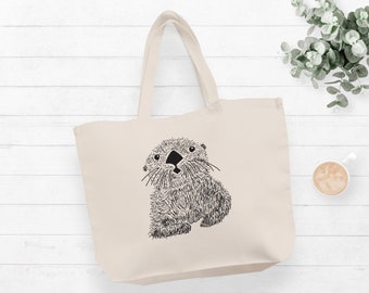 Sea Otter Tote Bag Canvas, optional Tote Bag Personalized, Otter Large Bag, Sea Otter Shopping Bag, animal market bag, ocean wildlife bag