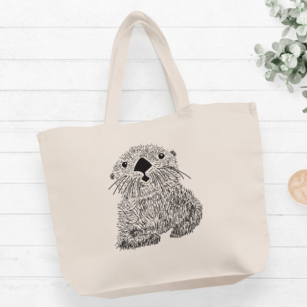 Sea Otter Tote Bag Canvas, bolso de mano opcional personalizado, bolsa grande de nutria, bolsa de compras de nutria marina, bolsa de mercado de animales, bolsa de vida silvestre del océano