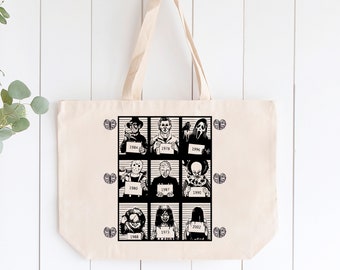 Halloween trick or treat bag, Horror Movie Killers, Scary Movie Tote Bag, Killer Mugshots