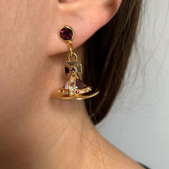 New In Box Vivienne Westwood Gold  Purple Diamond Orb Earrings