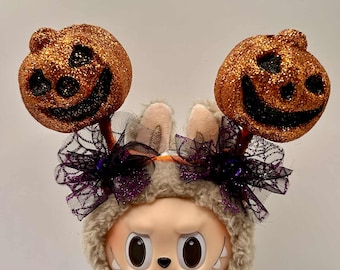 Halloween Headband 3D Printed Pumpkin Headband with Glitter, Spider Web Tulle & Gem Detail + FREE Gift for Labubu