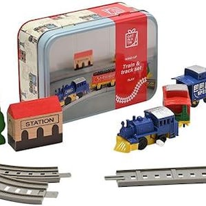 Treinset in blik, rollenspelcadeau voor kleine kinderen, fantasierijk en creatief spel, opwindbare trein en rijtuigen met rails