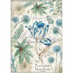 Foglio di carta di riso A4. Carta da decoupage con tulipani blu vintage, foglie e farfalle, foglio per scrapbooking in stile giardino francese, tecniche miste, artigianato generale.