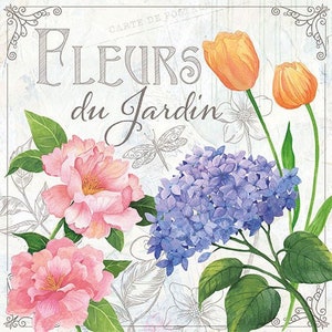 4 tovaglioli di decoupage floreali individuali. Vintage giardino francese fiori carta tovaglioli artigianali, decoupage, album di ritaglio, media misti, artigianato generale