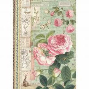 Feuille de papier de riz A4. roses roses vintage avec papier de découpage floral escargot, feuille de scrapbooking style jardin anglais, techniques mixtes, travaux manuels généraux