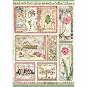 Folha de papel de arroz A4. Cartões botânicos vintage e papel para decoupage de borboletas, folha de scrapbook em estilo floral, mídia mista, artesanato em geral.