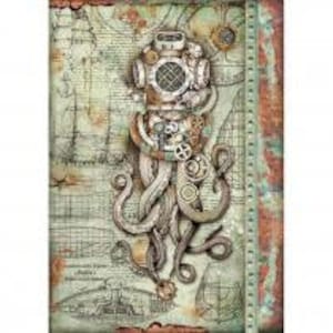 Foglio di carta di riso A4. Carta da decoupage vintage con tema marino e polpo steampunk, foglio per scrapbooking in stile steampunk, tecnica mista, artigianato generale.