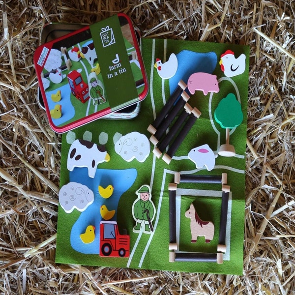 Wooden Farm in a Tin, Role Play Gift for Small Children, Imaginative & Creative Play, Montessori Toys, Transportable Play Set