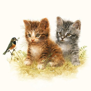 4 tovaglioli individuali per decoupage di gattini e uccelli. Tovaglioli di carta artigianali vintage con gattini carini, per decoupage, album di ritagli, tecnica mista, artigianato generale