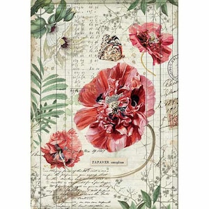 Folha de papel de arroz A4. Papel decoupage vintage com papoulas vermelhas e borboletas, folha de scrapbook em estilo floral, técnica mista, artesanato em geral.