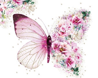 4 individual butterfly decoupage napkins. Pink floral butterfly paper craft napkins, decoupage, scrapbook, mixed media, general craft