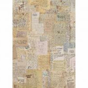 May include: A rectangular collage of aged paper fragments with handwritten text and faded imagery. The papers are in various sizes and colors, including beige, cream, and light brown, creating a vintage aesthetic. Some fragments have stamps and other markings.