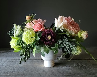 Pink Artificial Bouquet,  Burgundy Silk Flower Home Decor, Green Fake Floral Arrangement In Vase,