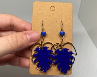 Navy Blue & Gold Palm Leaf Dangle Earrings