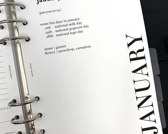 May include: A white page from a planner with the word "january" written in bold black font. The pronunciation of the word is written in brackets below. The page lists some fun days in January, including National Milk Day, National Popcorn Day, and National Lego Day. The page also lists the birthstone and flower for January.