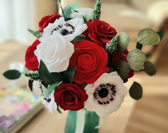 Beautiful paper flower bouquet for Valentine's Day, Mixed crepe paper bouquet with roses, anemones, ranunculus and eucalyptus floral gift