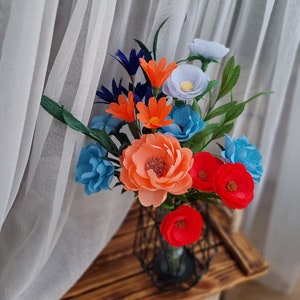Crepe paper bouquet birthday gift, Mixed paper flowers for vase, Artificial long-lasting bright flowers, 1st anniversary gift, Floral decor