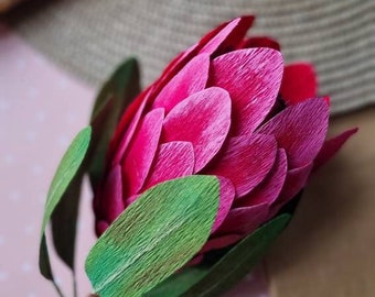 Artificial paper red protea for decor home, Amazing bright fake flower single stem, Crepe paper flower gift, Queen protea flower gift