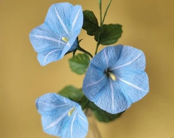 Blue paper morning glory single stem, Faux paper flower home decoration, Handmade flower gift, Realistic decorative morning glory gift