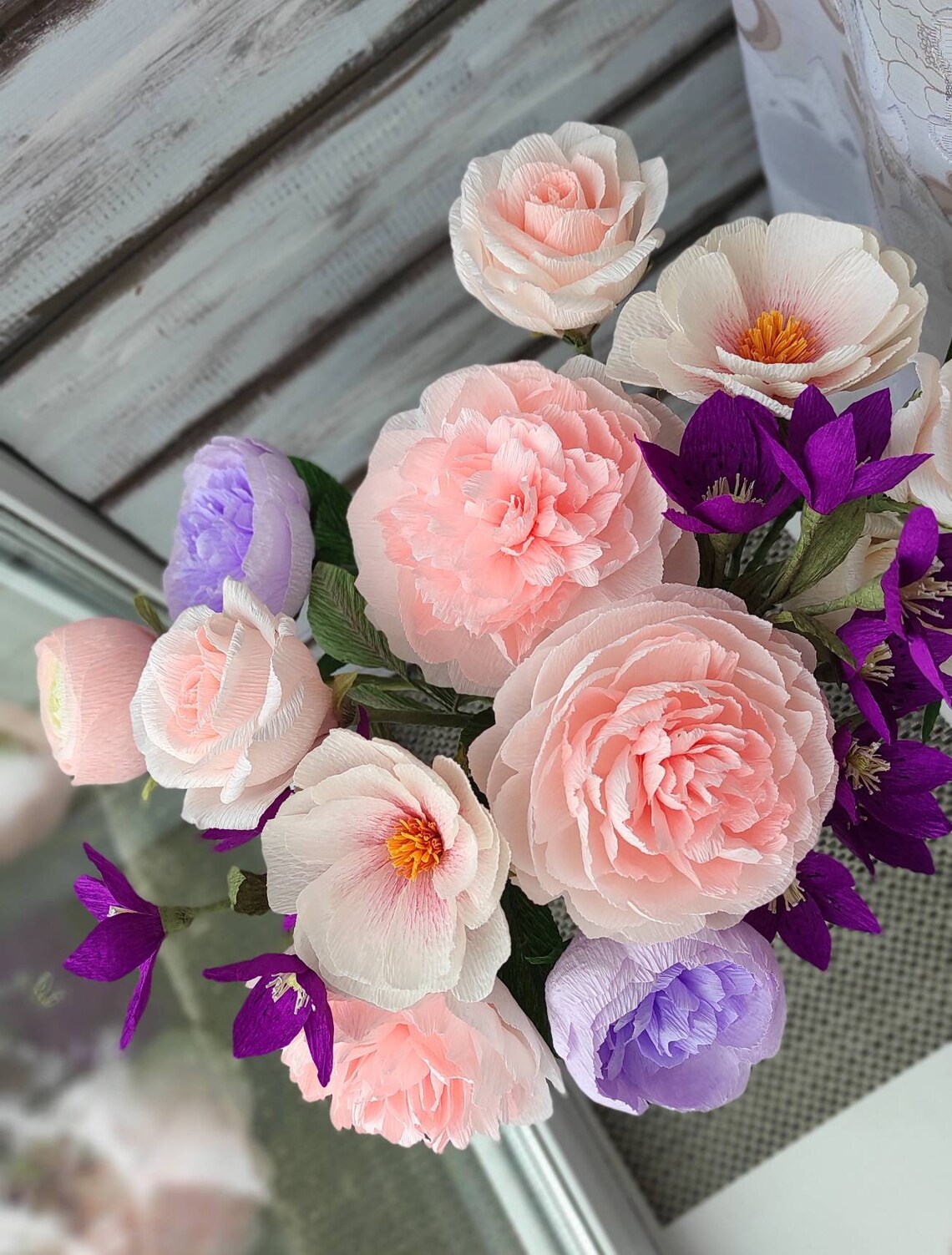 Paper bouquet for home decoration Crepe paper violet flowers Etsy