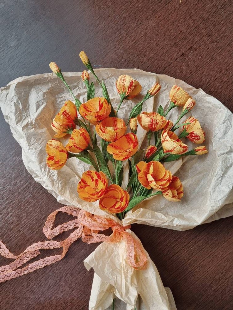 Cadeau de bouquet de fleurs en papier, fleurs orange pour la décoration de la maison, cadeau d'anniversaire en papier fleurs, cadeau du 50e anniversaire pour femme, cadeau de soi image 9