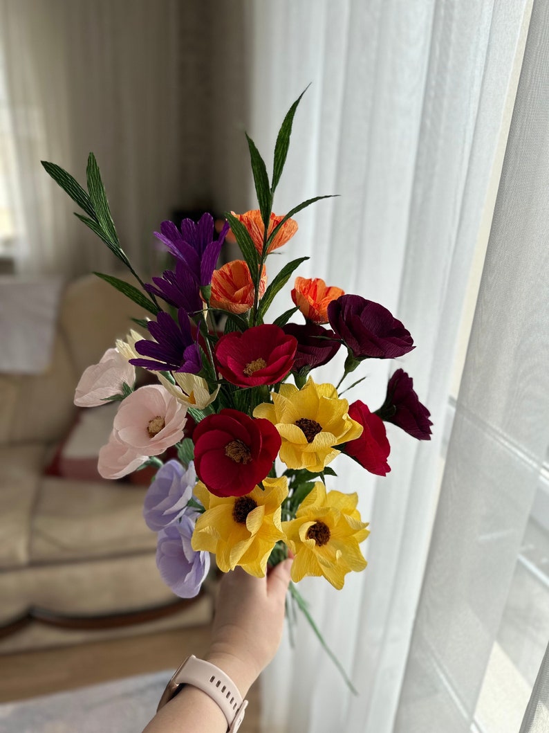 Anniversary artificial bouquet, Bright mixed paper flowers bouquet, Housewarming paper flower gift, Best friend flower gift image 1