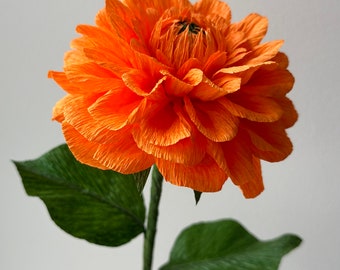 Paper dahlia flower home and events decor, Single stem artificial orange dahlia gift for her, Realistic paper flower, Floral gift