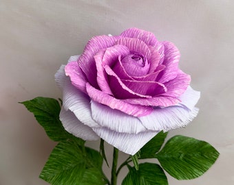 Handmade violet paper rose for vase, Long lasting flower home decor, Bridal shower floral decoration, Purple crepe paper single stem rose